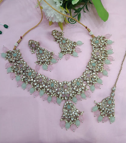 Mint Pink Antique Gold Necklace Indian Jewellery Fjay Set