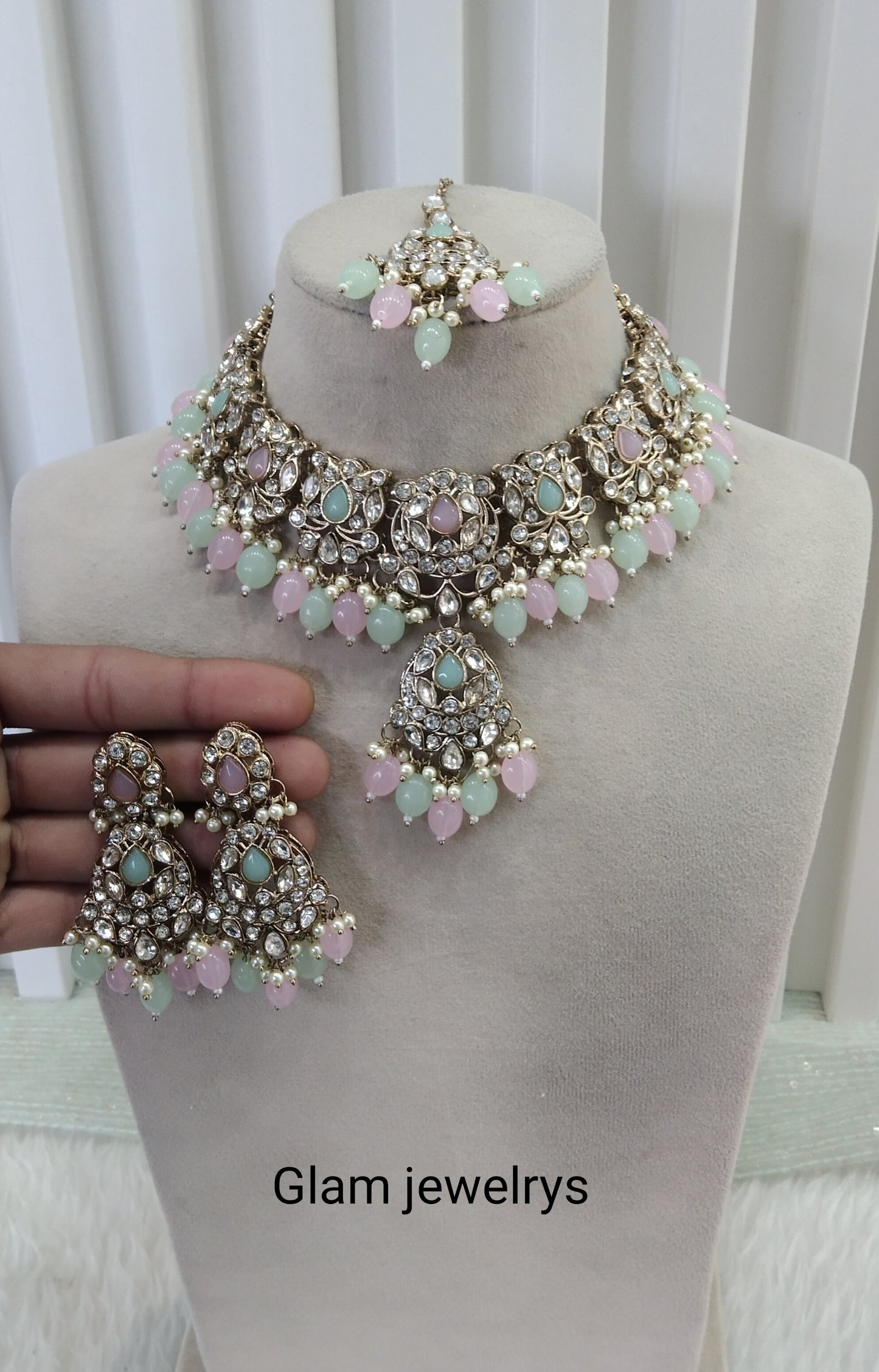 Mint Pink Antique Gold Necklace Indian Jewellery Fjay Set