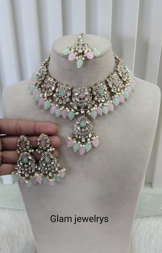 Mint Pink Antique Gold Necklace Indian Jewellery Fjay Set