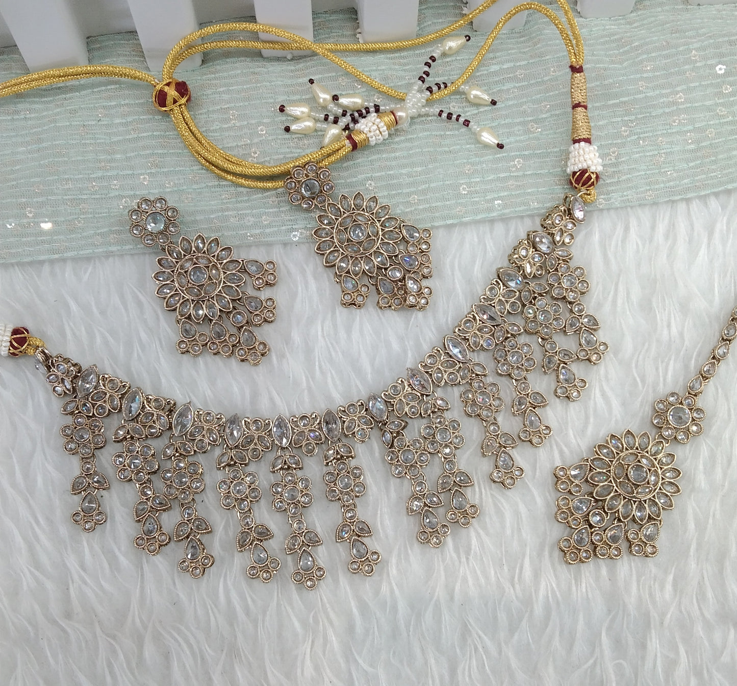 Antique White Champagne Stone Necklace Indian Jewellery Jagat Set