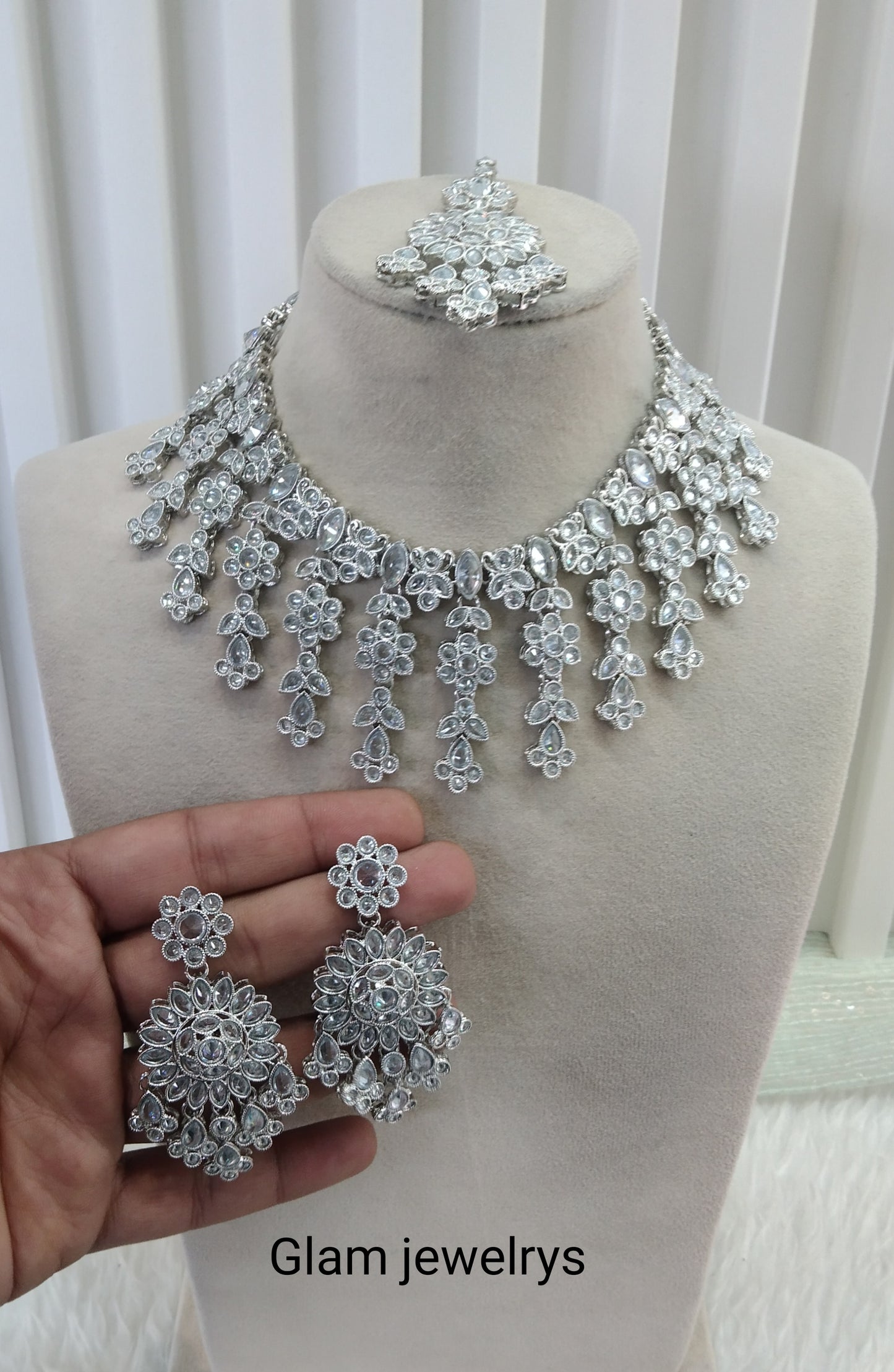 Silver White Champagne Stone Necklace Indian Jewellery Jagat Set