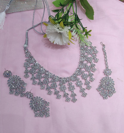 Silver White Champagne Stone Necklace Indian Jewellery Jagat Set