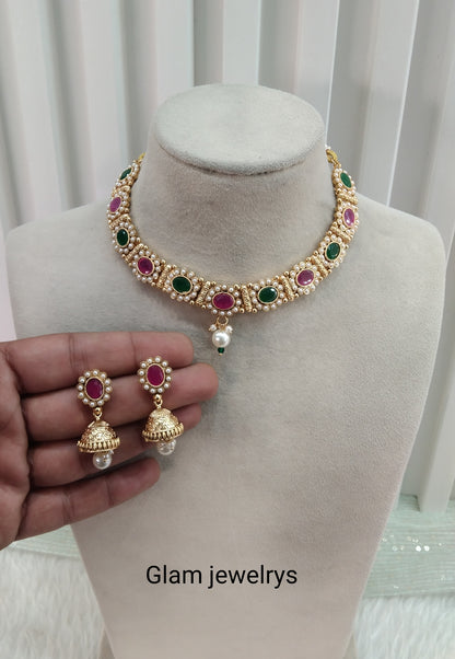 Ruby Green Gold Polki Necklace Indian Jewellery Monika Set