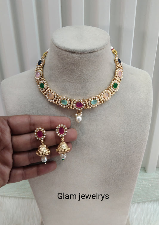 Multi Color Gold Polki Necklace Indian Jewellery Monika Set