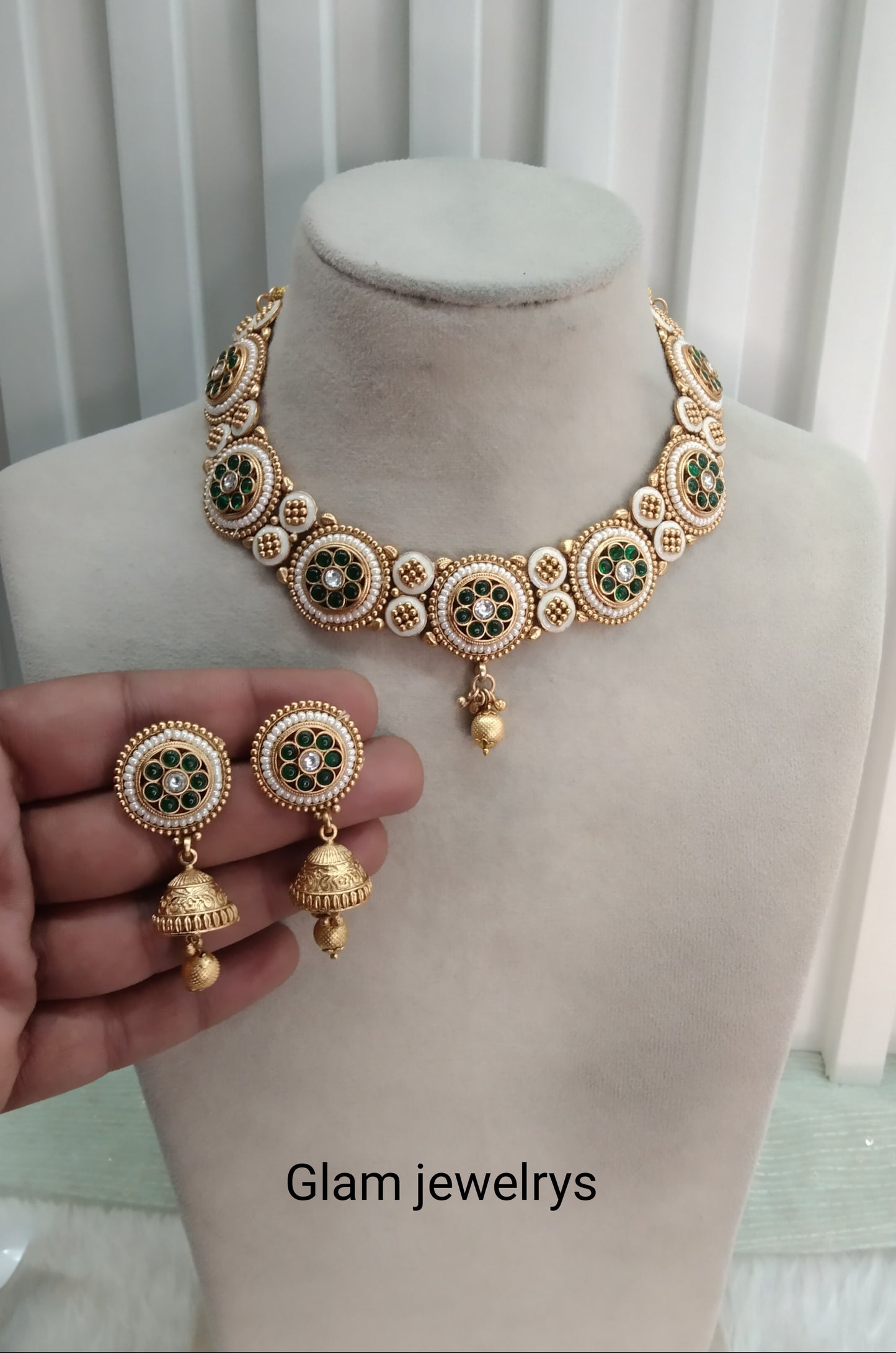 Green Gold Polki Necklace Indian Jewellery Hanita Set