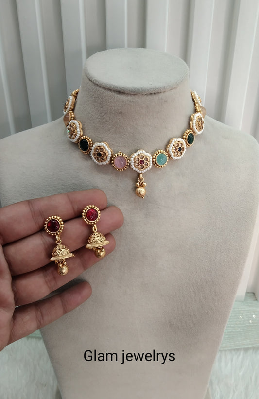 Multi Color Gold Polki Necklace Indian Jewellery Hanita Set