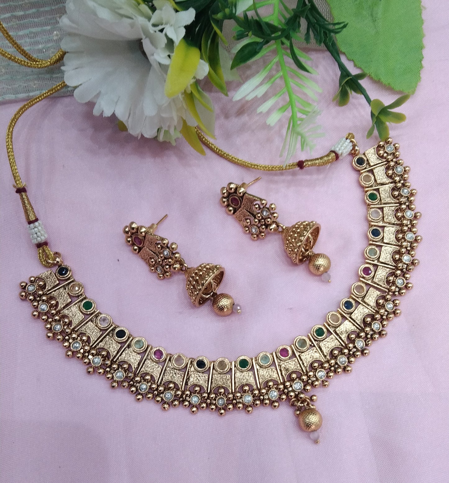 Multi Color Gold Polki Necklace Indian Jewellery Hanita Set