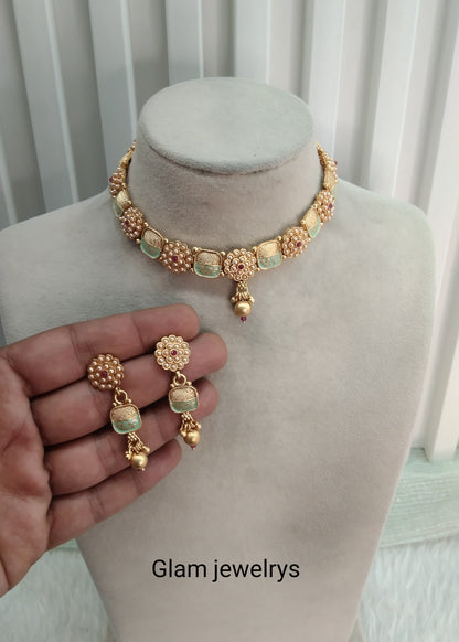 Mint Color Gold Polki Necklace Indian Jewellery Hanita Set