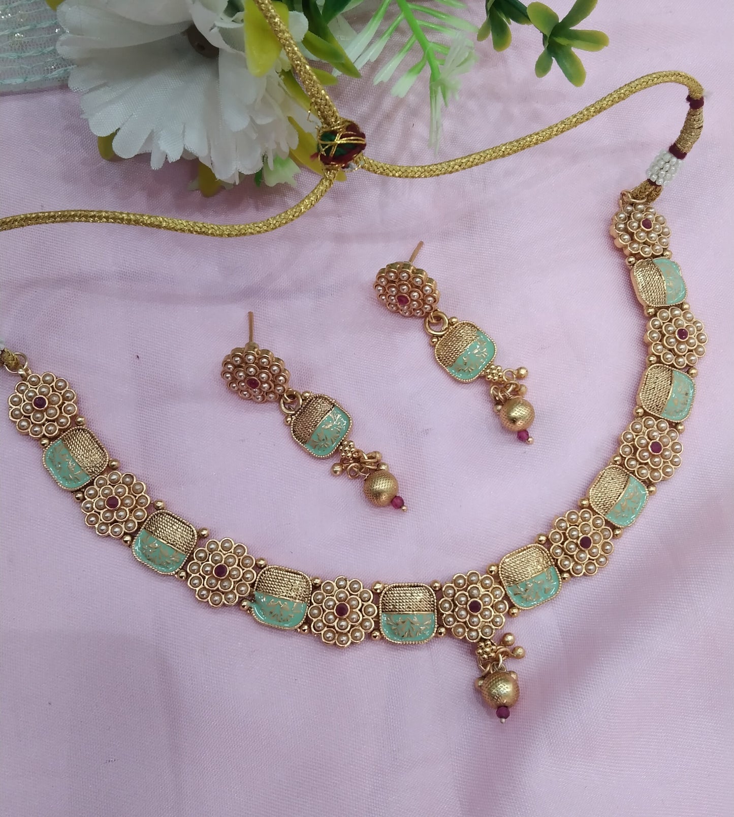 Mint Color Gold Polki Necklace Indian Jewellery Hanita Set