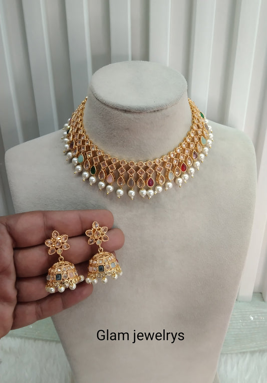 Multi Color Gold Polki Necklace Indian Jewellery Hanita Set