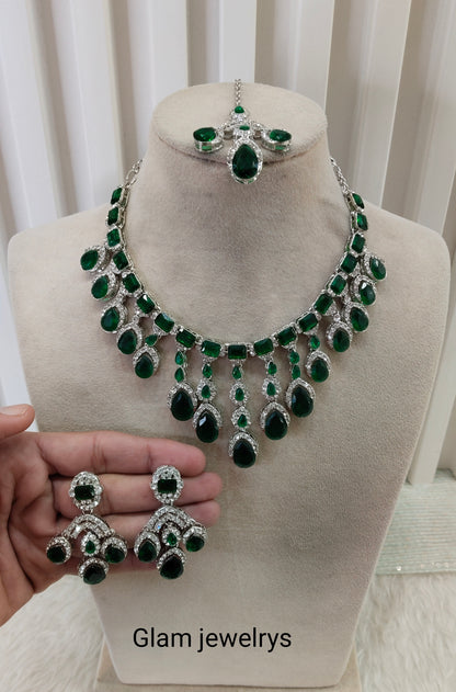 Green Silver Zircon Necklace Indian Jewellery Ekaksh Set