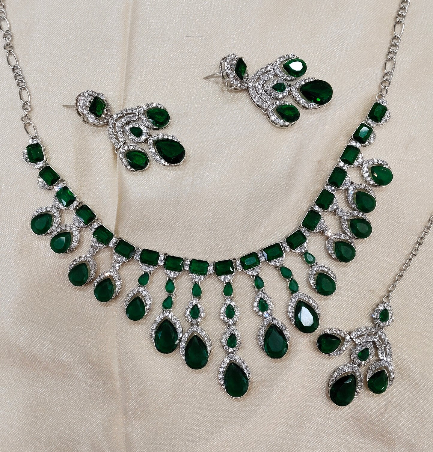 Green Silver Zircon Necklace Indian Jewellery Ekaksh Set