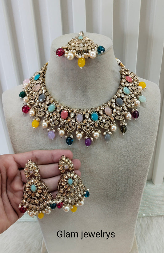 Multi Color Antique Gold Necklace Indian Jewellery Rasha Set