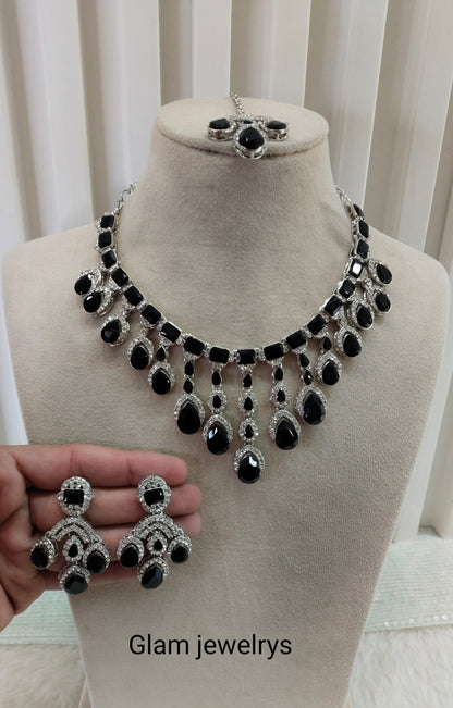 Black Silver Zircon Necklace Indian Jewellery Ekaksh Set