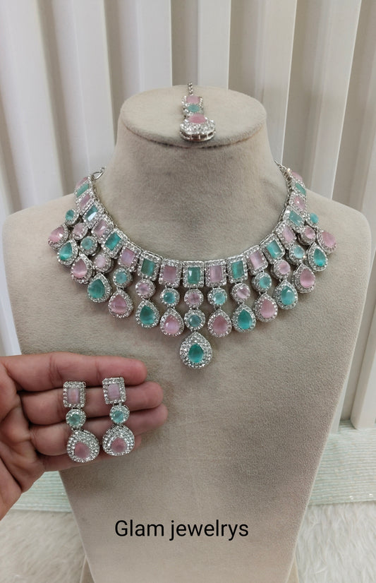 Mint Pink Silver Zircon Necklace Indian Jewellery Haksh Set