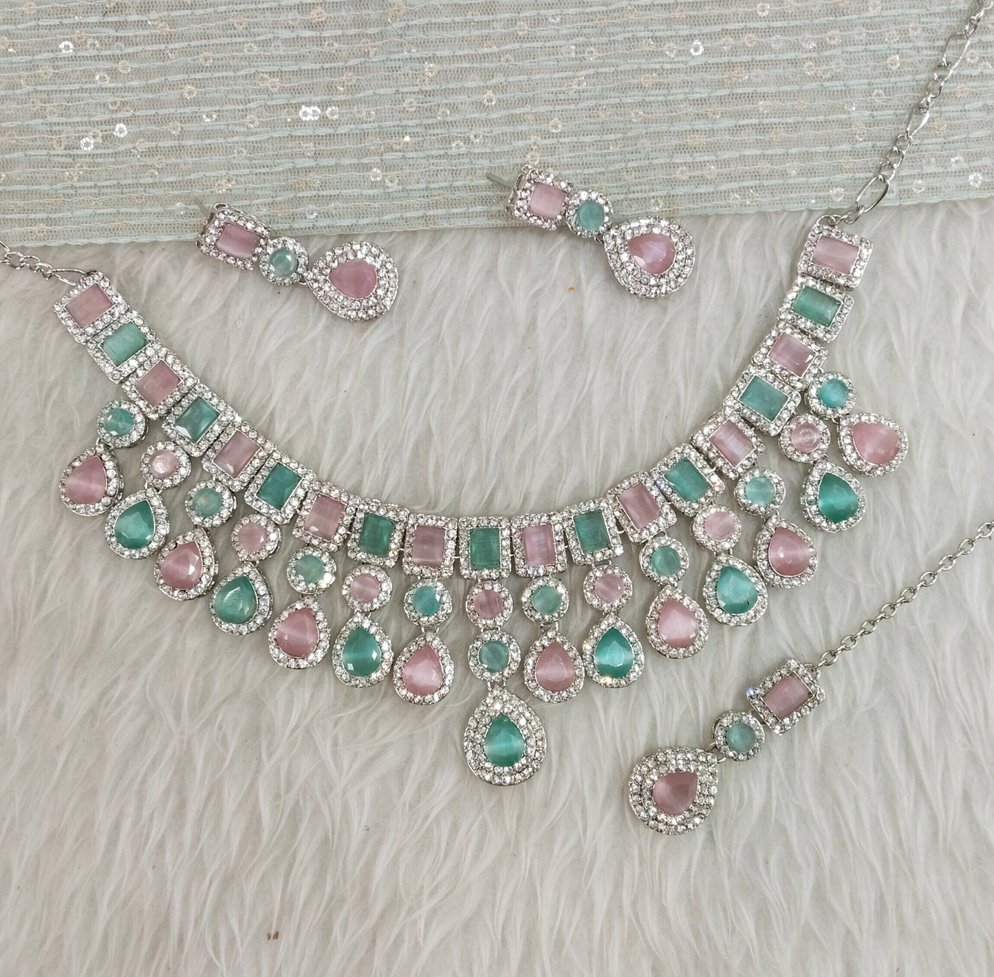 Mint Pink Silver Zircon Necklace Indian Jewellery Haksh Set