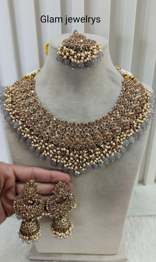 Grey Antique Gold Bridal Necklace Indian Jewellery Shallu Set