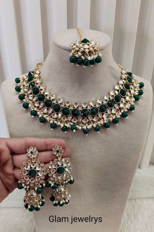 Green Kundan Necklace Indian Jewellery Krishn Set