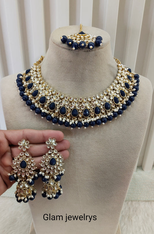 Blue Kundan Necklace Indian Jewellery Krishn Set