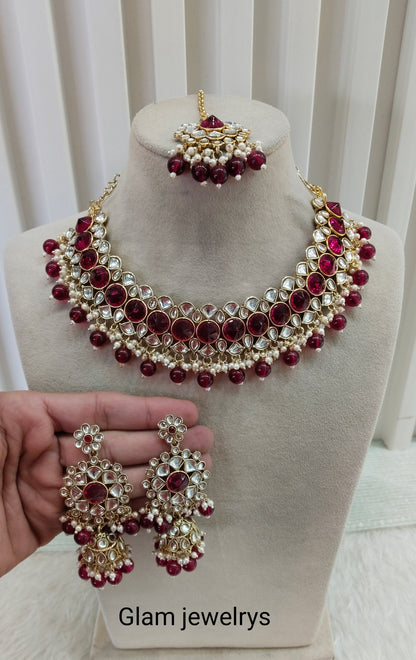 Majenta Kundan Necklace Indian Jewellery Krishn Set