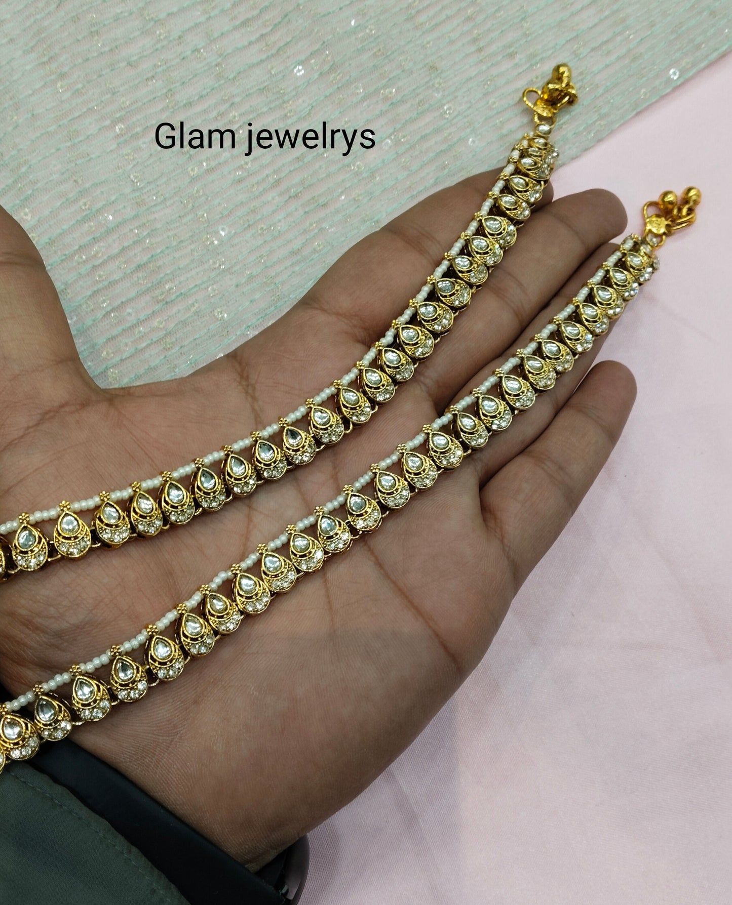 Gold White Kundan Anklets Jhanjar Payal Indian Jewellery Prince Set