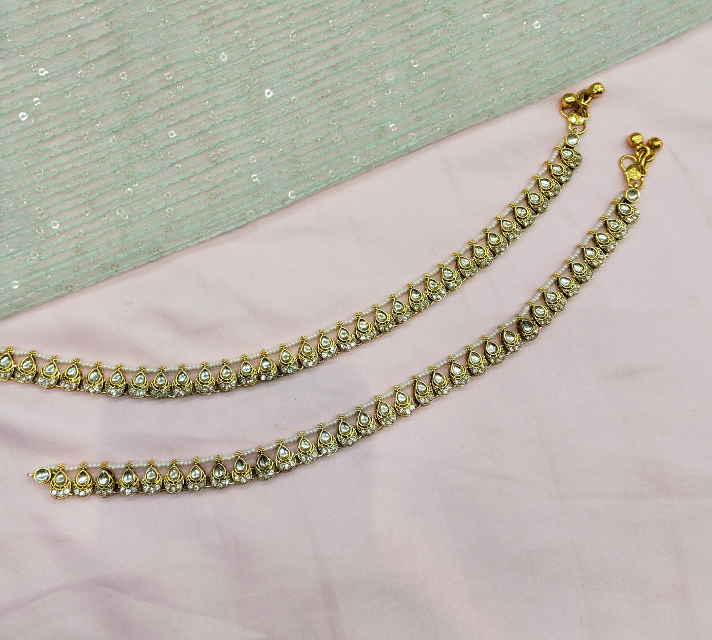 Gold White Kundan Anklets Jhanjar Payal Indian Jewellery Prince Set