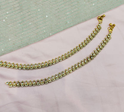 Gold White Kundan Anklets Jhanjar Payal Indian Jewellery Prince Set