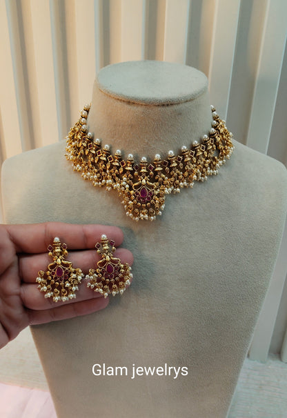 Ruby Gold Polki Necklace Indian Jewellery Harf Set