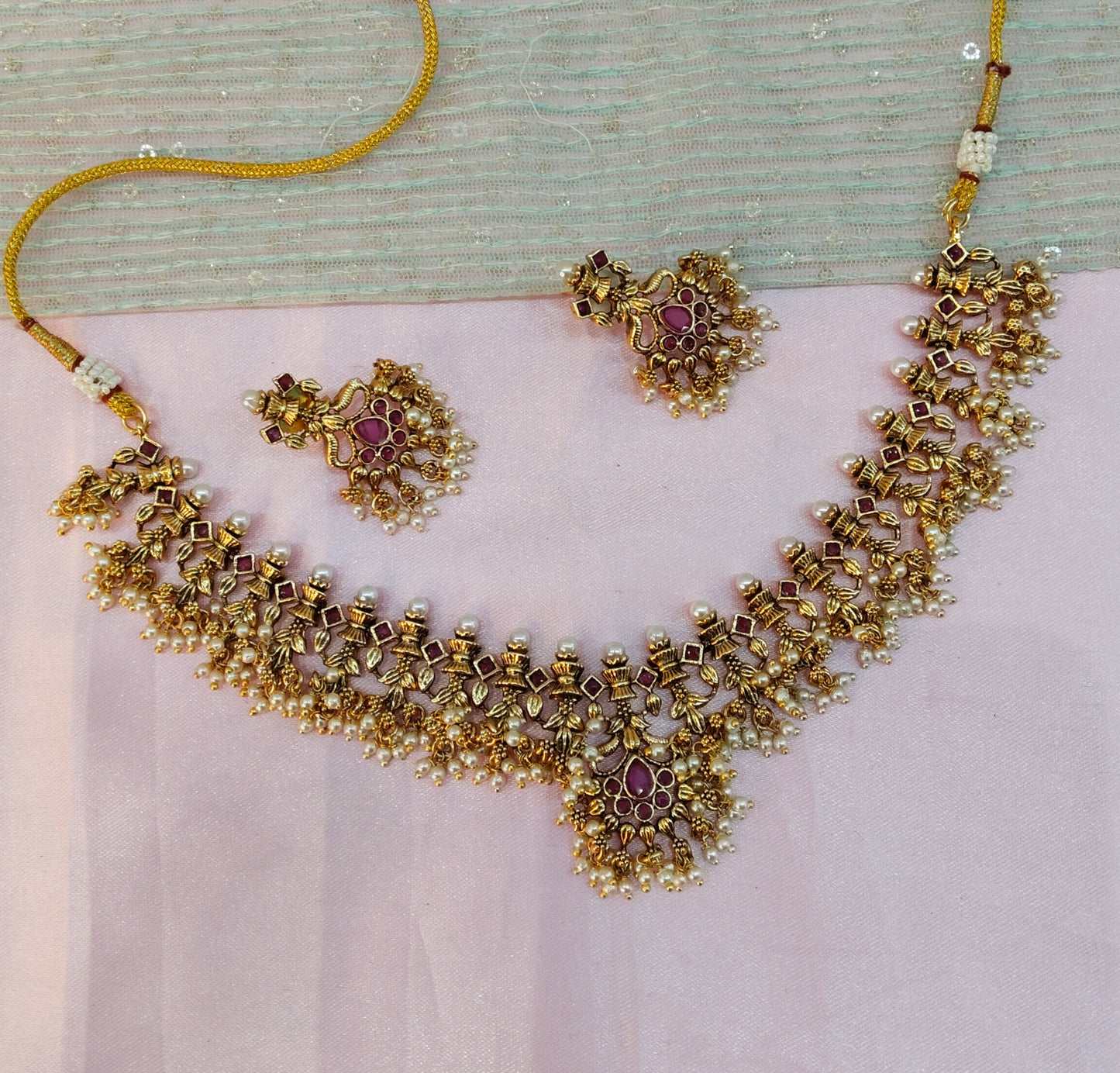 Ruby Gold Polki Necklace Indian Jewellery Harf Set