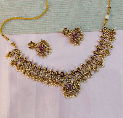 Ruby Gold Polki Necklace Indian Jewellery Harf Set