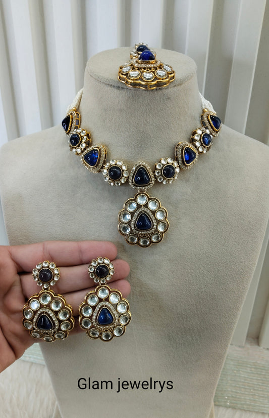 Blue Gold Kundan Necklace Indian Jewellery Kajal Set