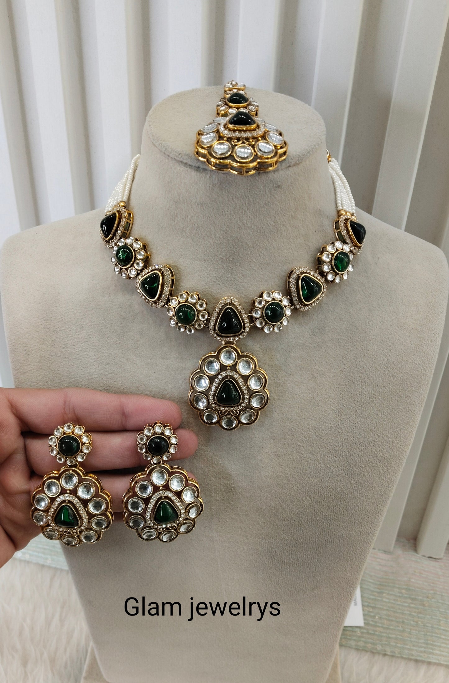 Green Gold Kundan Necklace Indian Jewellery Kajal Set