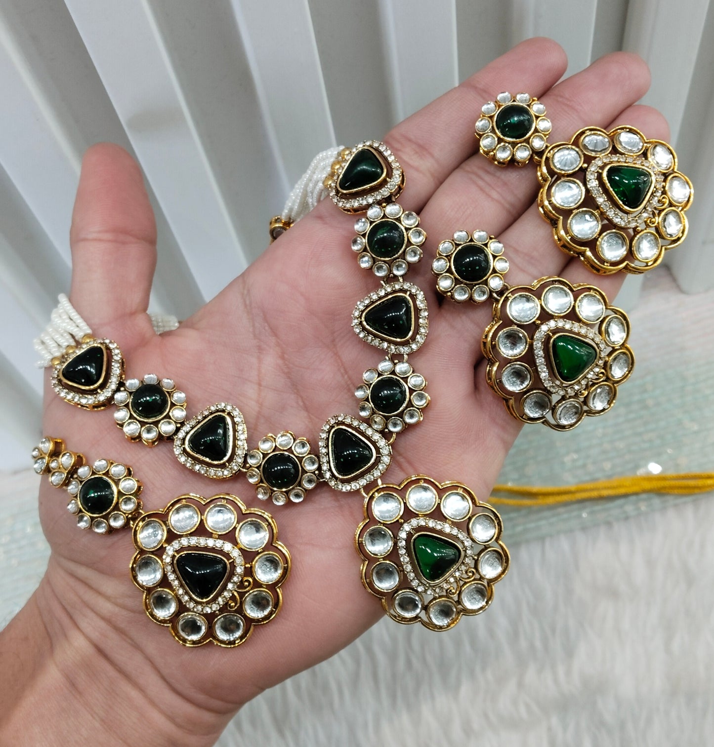 Green Gold Kundan Necklace Indian Jewellery Kajal Set