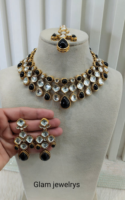 Black Gold Kundan Necklace Indian Jewellery Raveena Set