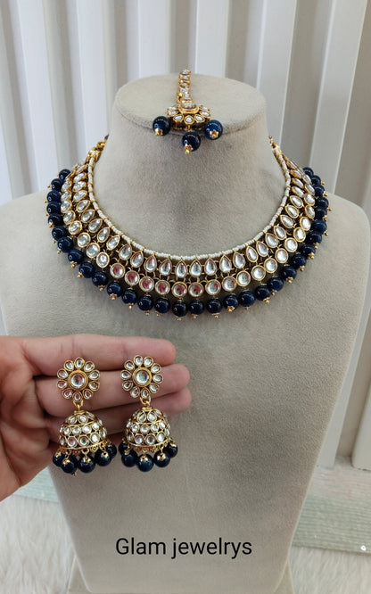 Blue Gold Kundan Necklace Indian Jewellery Roshan Set