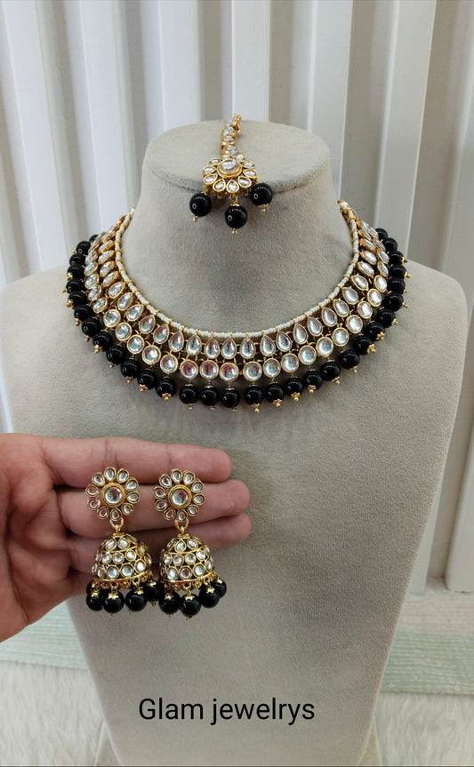 Black Gold Kundan Necklace Indian Jewellery Roshan Set