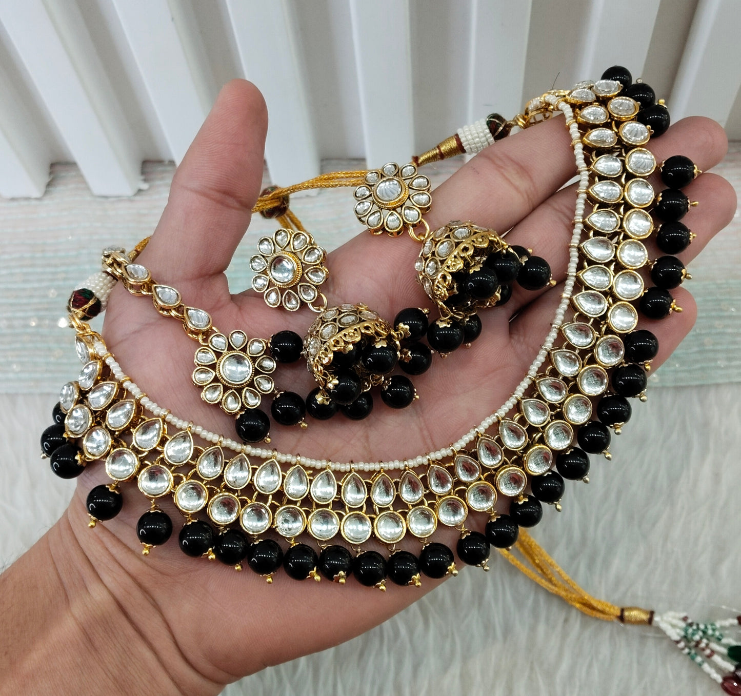 Black Gold Kundan Necklace Indian Jewellery Roshan Set