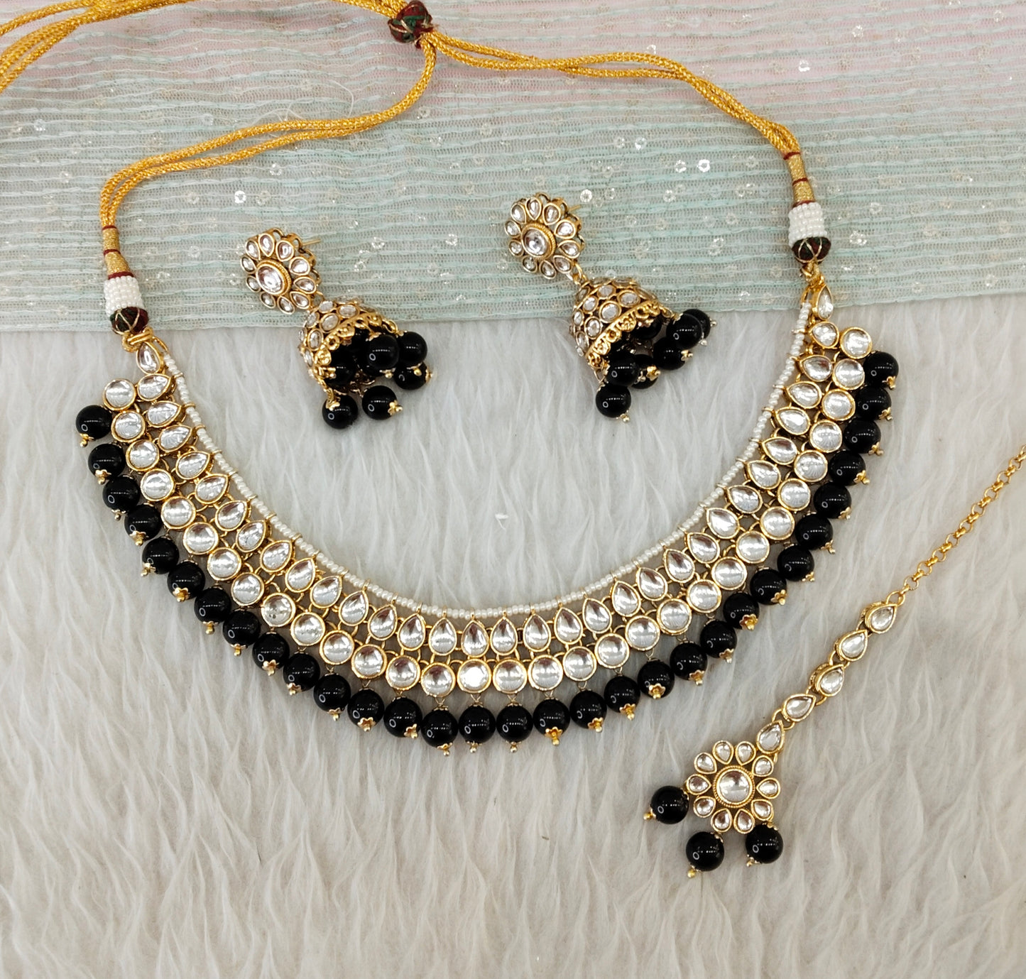 Black Gold Kundan Necklace Indian Jewellery Roshan Set