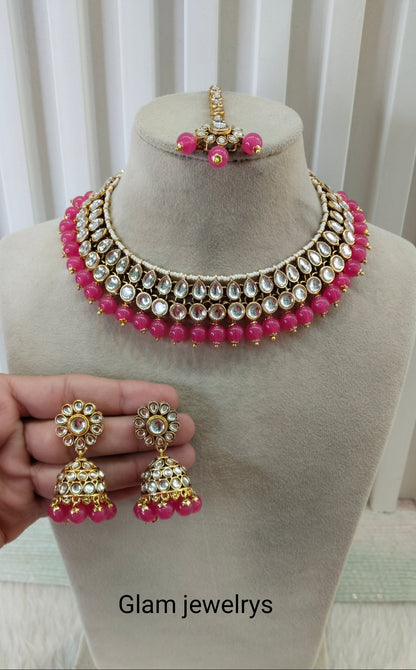 Dark Pink Gold Kundan Necklace Indian Jewellery Roshan Set