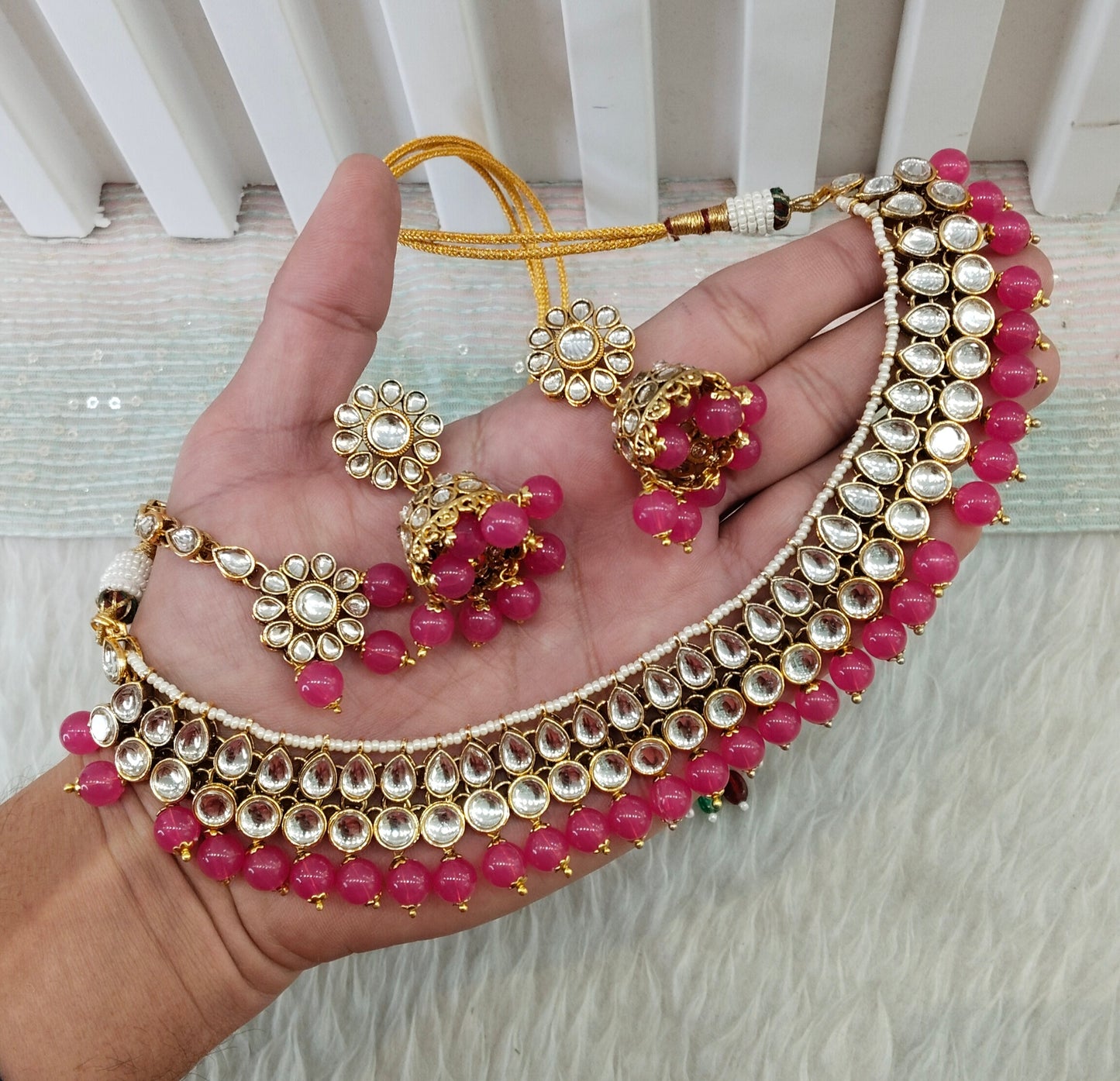 Dark Pink Gold Kundan Necklace Indian Jewellery Roshan Set