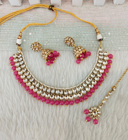 Dark Pink Gold Kundan Necklace Indian Jewellery Roshan Set