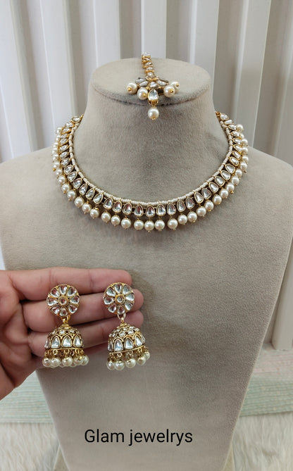 White Gold Kundan Necklace Indian Jewellery Prince Set