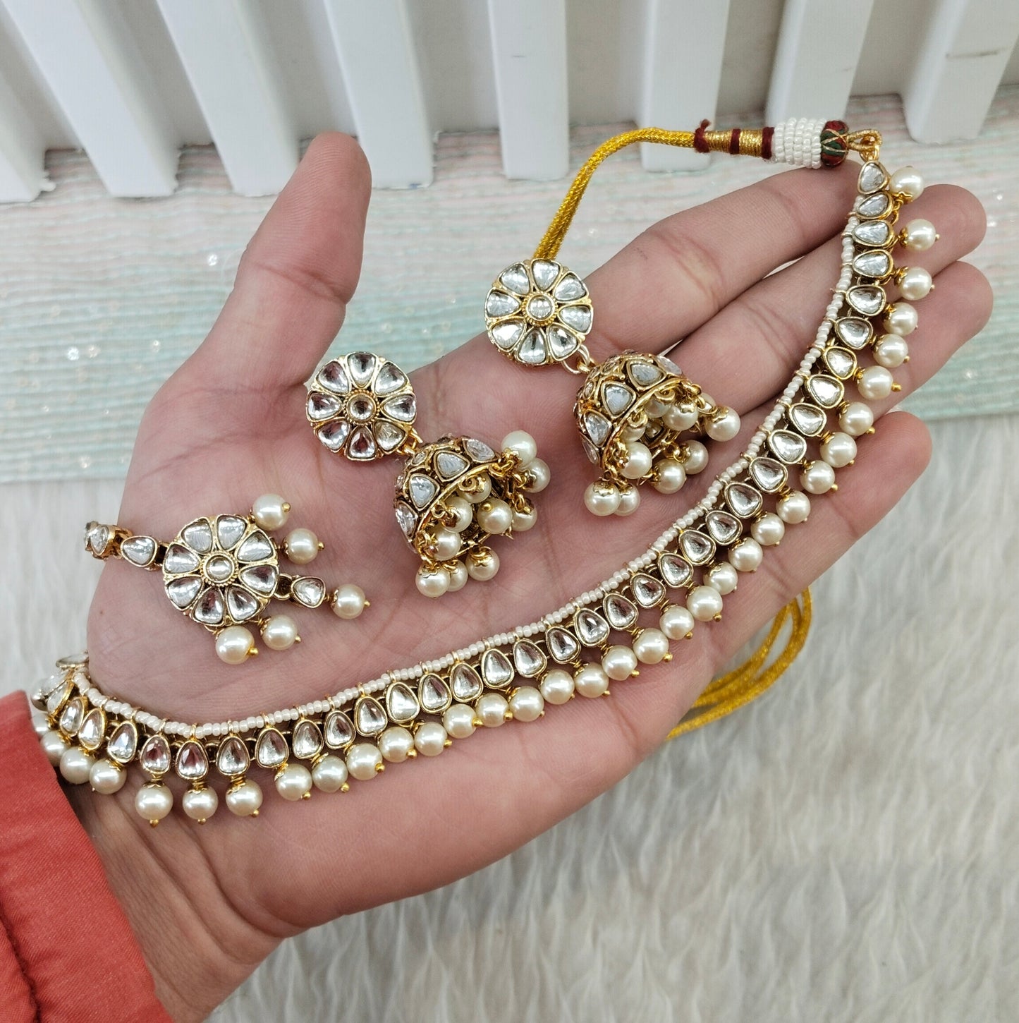 White Gold Kundan Necklace Indian Jewellery Prince Set