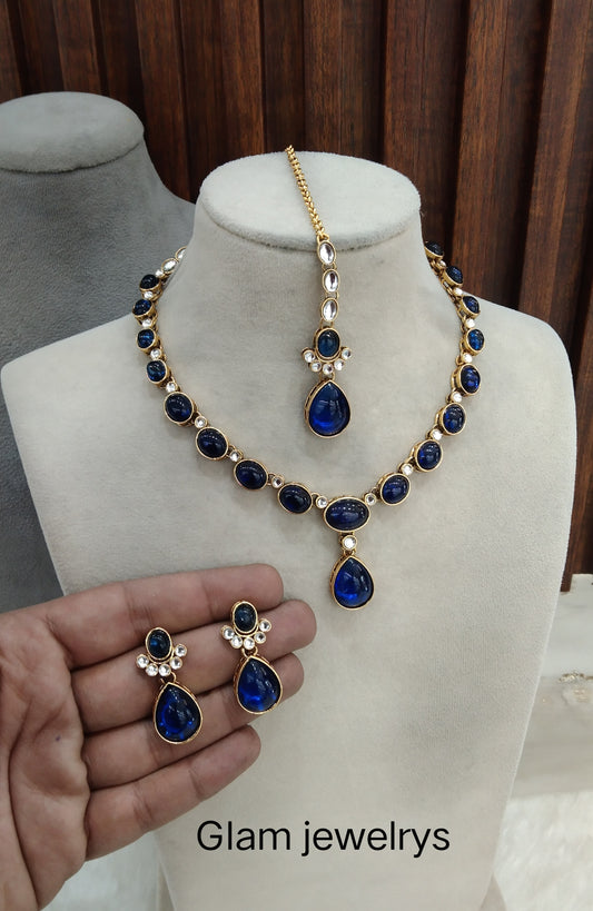 Blue Gold Kundan Necklace Indian Jewellery Mahi Set