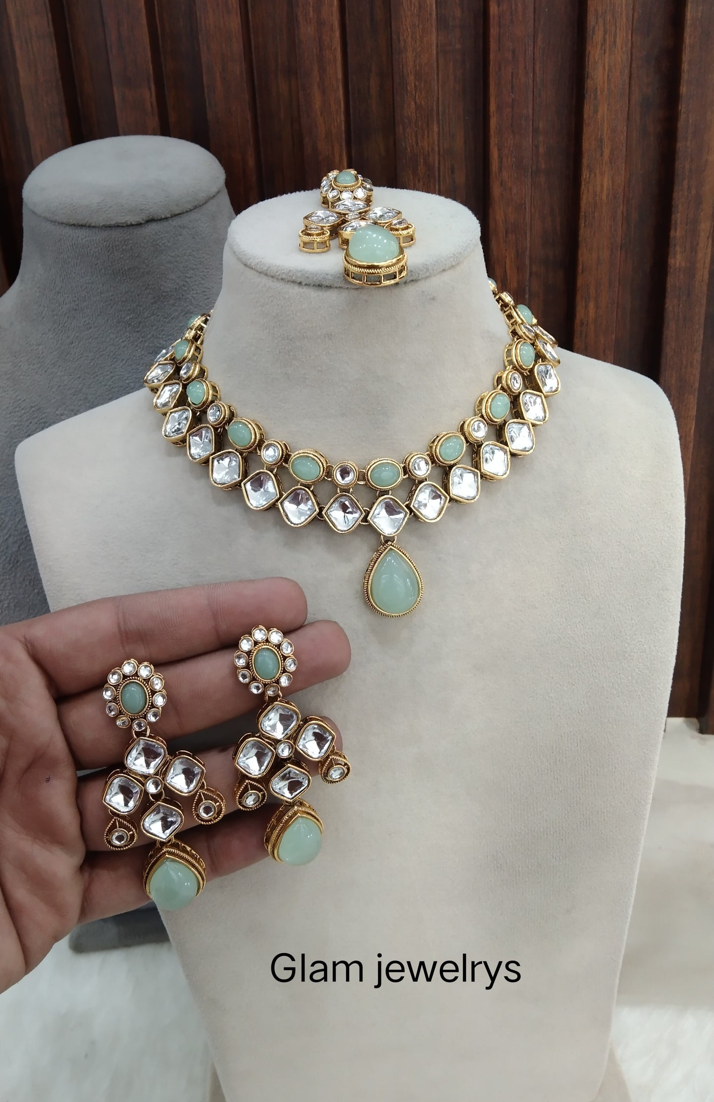 Pastel Green Gold Kundan Necklace Indian Jewellery Rupy Set