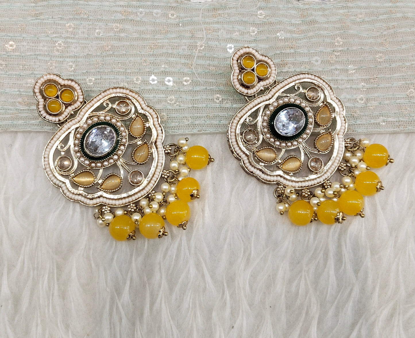 Yellow Antique Gold Bollywood Preet Indian Earrings