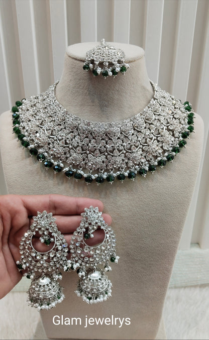 Silver Green Necklace Set Indian Bridal astin Jewellery