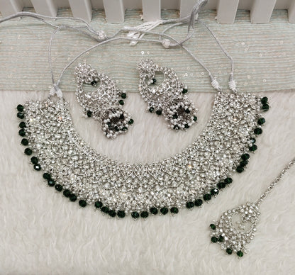 Silver Green Necklace Set Indian Bridal astin Jewellery