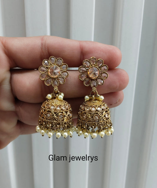 Antique Gold Indian Jhumki Bollywood Dev Earrings