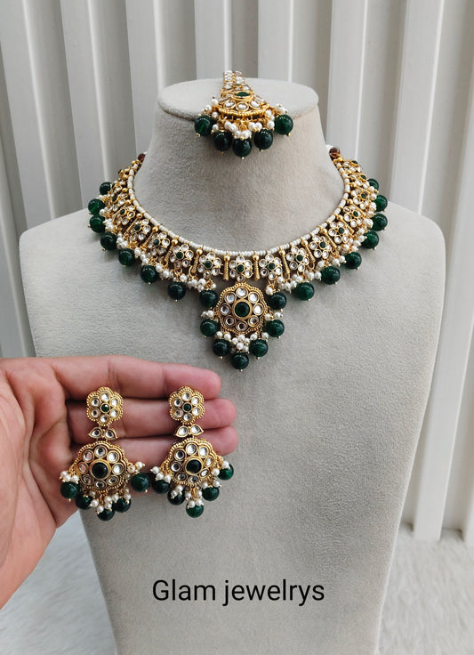 Green Gold Kundan Necklace Indian Jewellery Surya Set